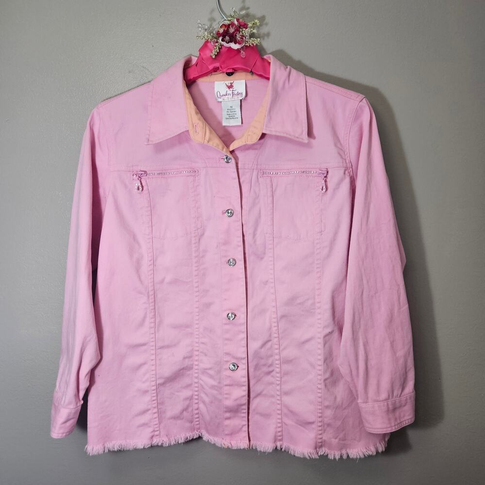 Quacker Factory PinkRibbon Rhinestone 1X Jacket&Capris Set CancerAwareness Y2K